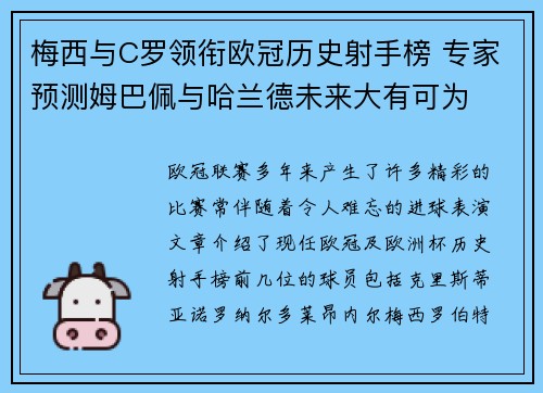 梅西与C罗领衔欧冠历史射手榜 专家预测姆巴佩与哈兰德未来大有可为